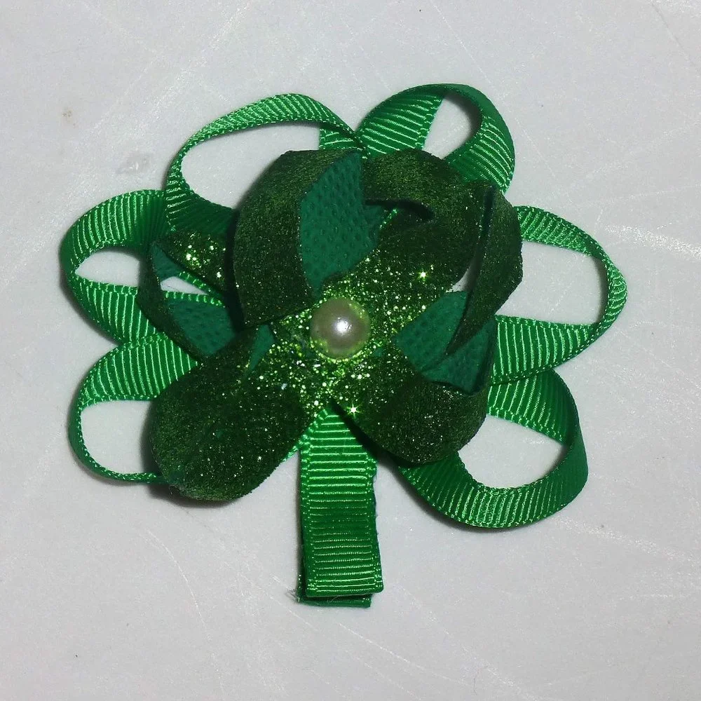 St Patrick's Day Shamrock Girls 3-Inch Hair Bow Clip